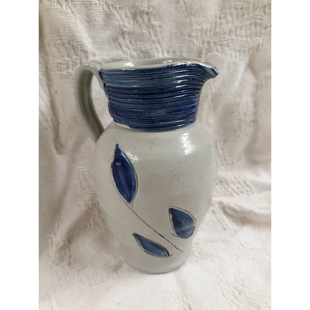 Vintage Williamsburg Pottery Pitcher Ceramic Stoneware Cobalt Blue Leaves